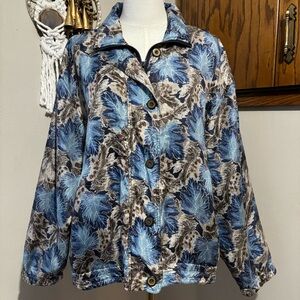 Stunt Sports Silk Blue and Brown Floral Button-Up Jacket Size Medium Vintage